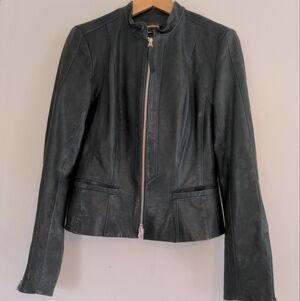 Danier Leather Jacket Women's S Deep Green Moto Italian Leather Zippers Canada